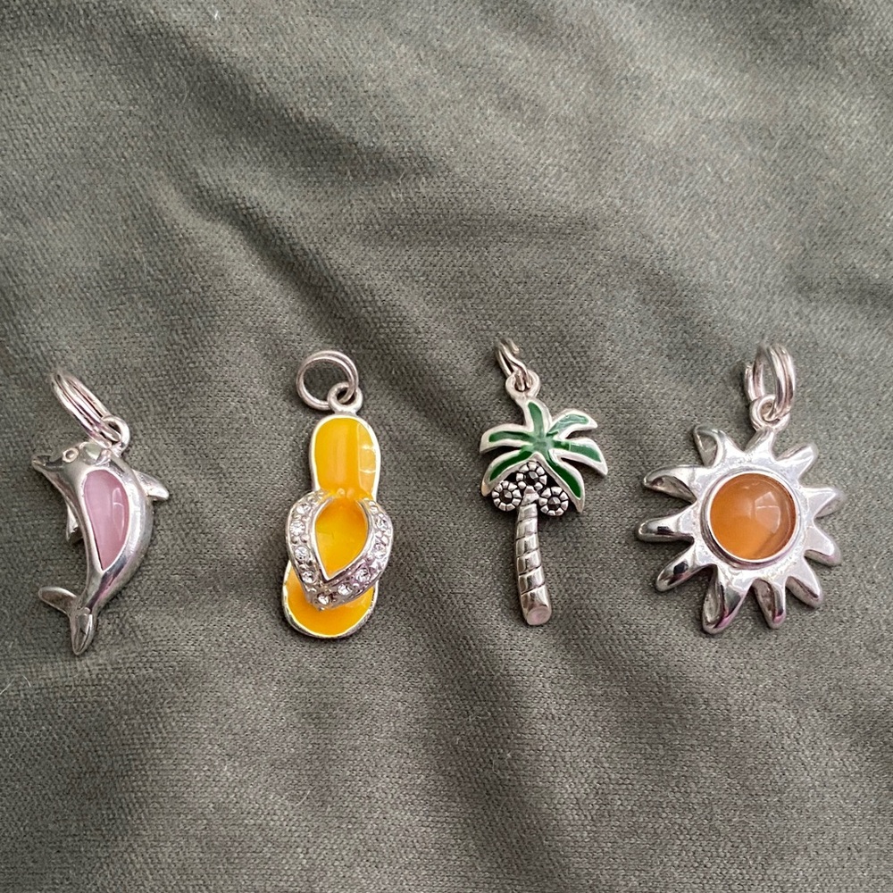 Silver Charm Set with Pink Dolphin and Orange Sun, palm tree and flip flop
